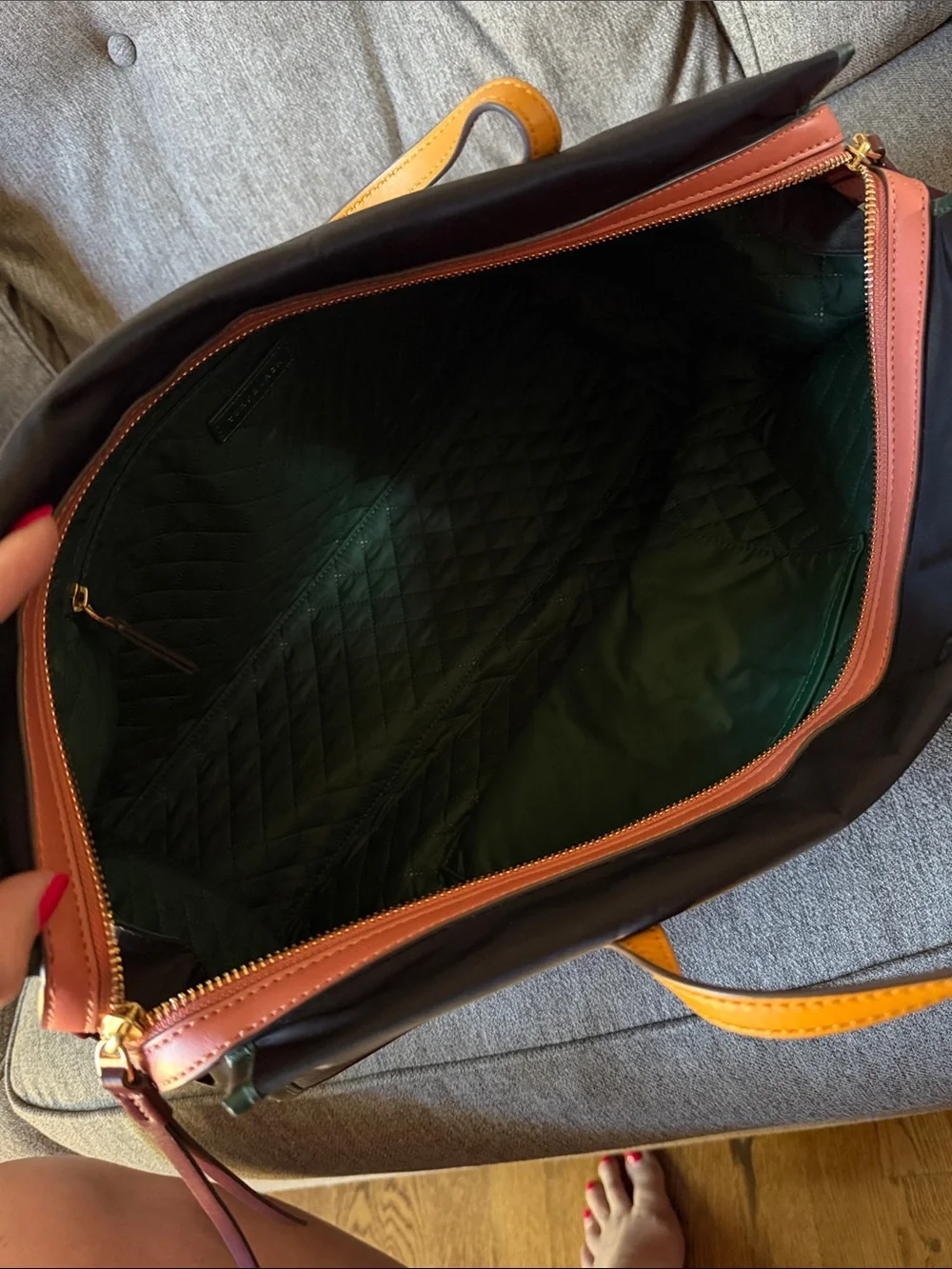 Tory Burch Black Tote with Yellow Handles and Burgundy Trim - Picture 10 of 12